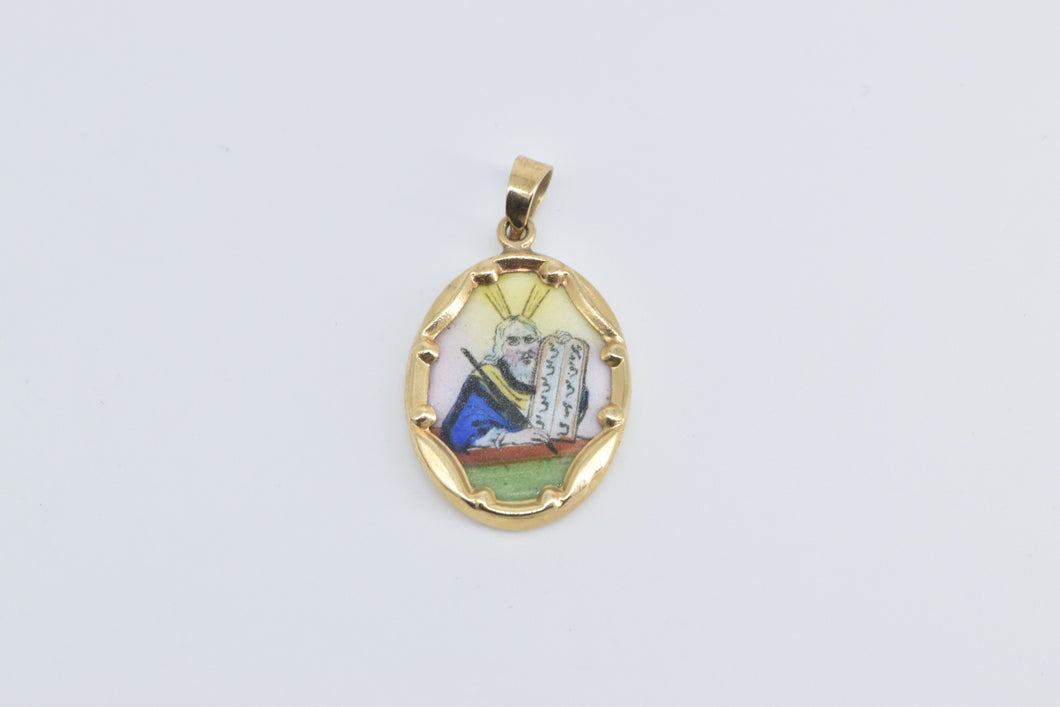 14K Ten Commandments Ceramic Oval Painted Charm/Pendant Yellow Gold