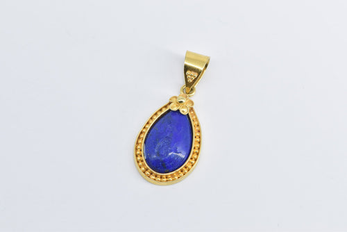18K Carved Lapis Lazuli Mermaid Pear Ornate Pendant Yellow Gold
