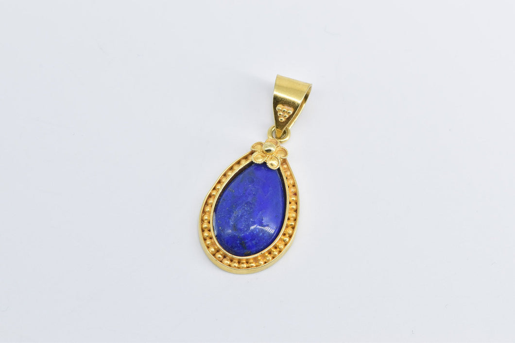 18K Carved Lapis Lazuli Mermaid Pear Ornate Pendant Yellow Gold