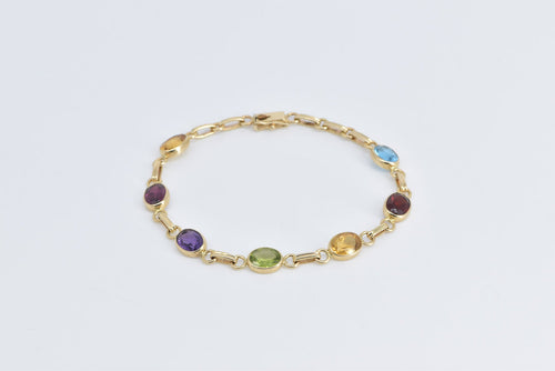14K Vintage Oval Multi Stone Rainbow Chain Link Bracelet 7