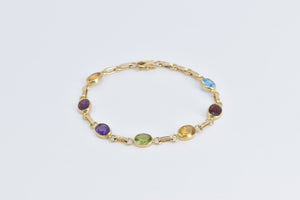14K Vintage Oval Multi Stone Rainbow Chain Link Bracelet 7" Yellow Gold