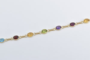 14K Vintage Oval Multi Stone Rainbow Chain Link Bracelet 7" Yellow Gold
