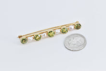 Load image into Gallery viewer, 18K Vintage Peridot Pearl Ornate Bar Statement Pin/Brooch Yellow Gold