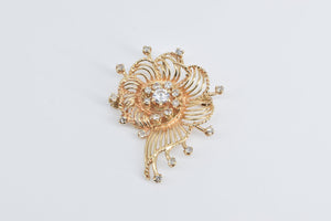 14K Ornate Diamond Filigree Scalloped Swirl Pendant/Pin Yellow Gold