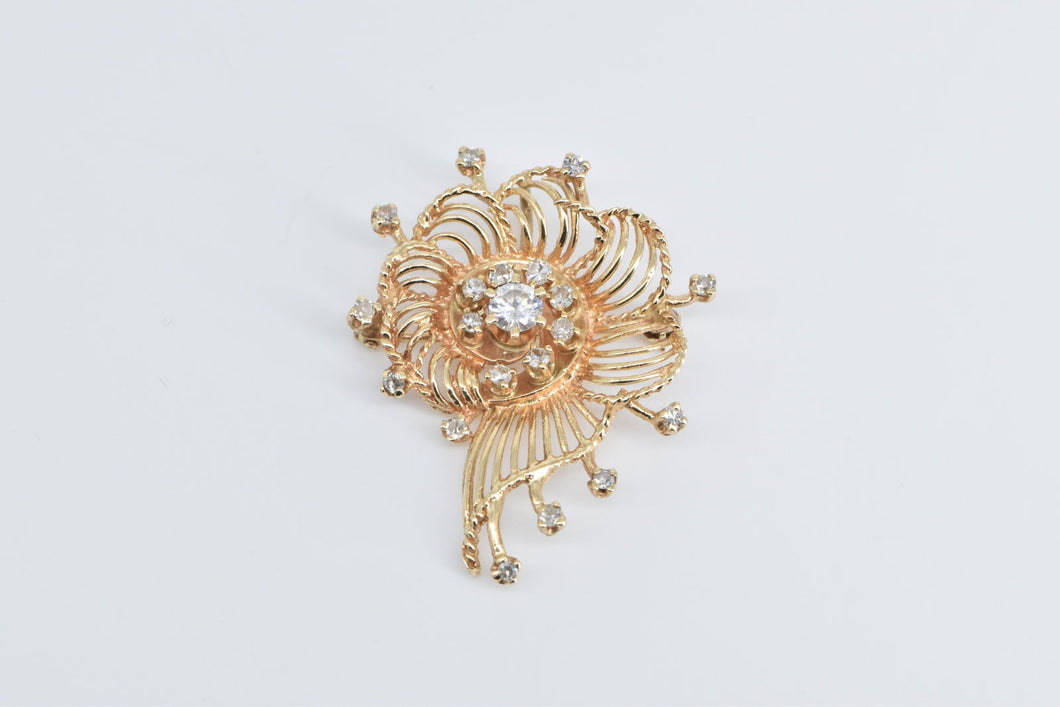 14K Ornate Diamond Filigree Scalloped Swirl Pendant/Pin Yellow Gold