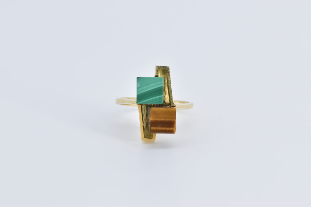 18K 1960's Malachite Tiger's Eye Cube Geometric Ring Yellow Gold