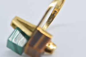 18K 1960's Malachite Tiger's Eye Cube Geometric Ring Yellow Gold