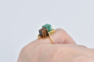 18K 1960's Malachite Tiger's Eye Cube Geometric Ring Yellow Gold