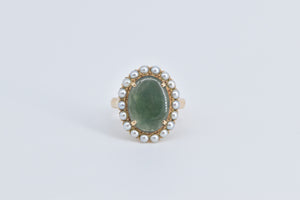 14K Vintage Oval Nephrite Seed Pearl Halo Ring Yellow Gold