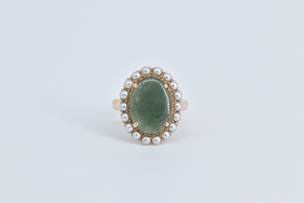 14K Vintage Oval Nephrite Seed Pearl Halo Ring Yellow Gold