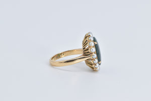 14K Vintage Oval Nephrite Seed Pearl Halo Ring Yellow Gold