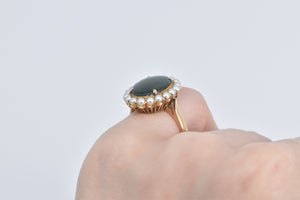 14K Vintage Oval Nephrite Seed Pearl Halo Ring Yellow Gold