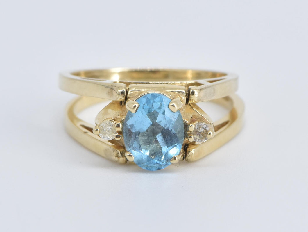 14K Reversible Abalone Blue Topaz Diamond Ring Yellow Gold