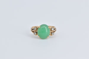 14K Vintage Oval Green Chalcedony Diamond Ring Yellow Gold