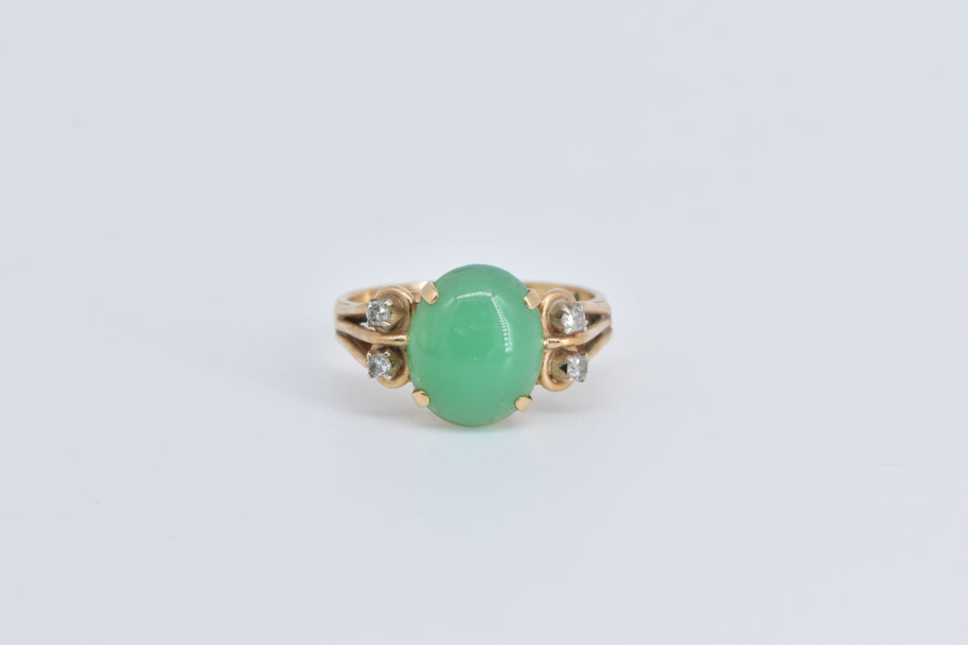 14K Vintage Oval Green Chalcedony Diamond Ring Yellow Gold