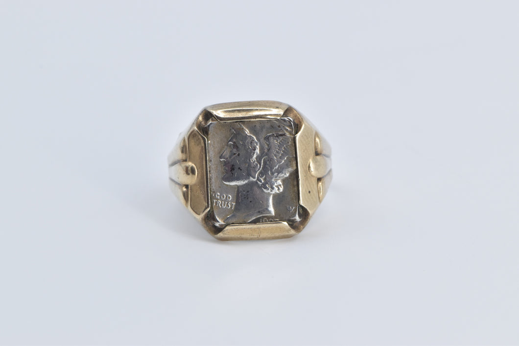 10K 0.900 Silver Mercury Dime Vintage Statement Ring Yellow Gold