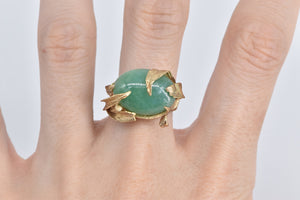 14K Vintage Aventurine Leaf Cocktail Statement Ring Yellow Gold