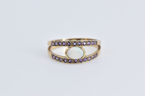9K Natural Opal Amethyst Split Band Statement Ring Yellow Gold