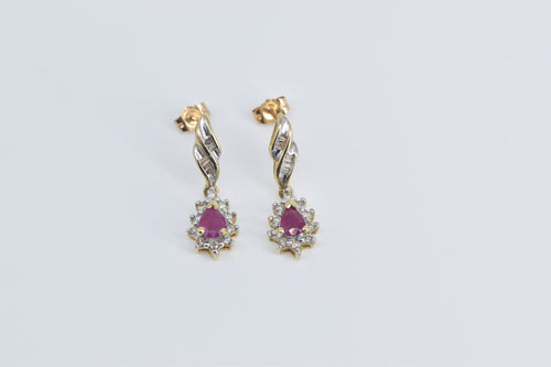 10K Pear Ruby Diamond Halo Dangle Fashion Earrings Yellow Gold