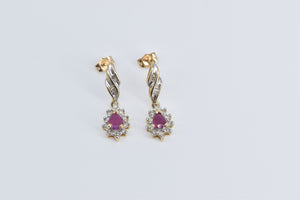 10K Pear Ruby Diamond Halo Dangle Fashion Earrings Yellow Gold