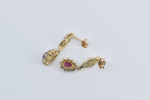 10K Pear Ruby Diamond Halo Dangle Fashion Earrings Yellow Gold