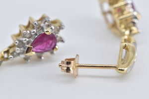 10K Pear Ruby Diamond Halo Dangle Fashion Earrings Yellow Gold