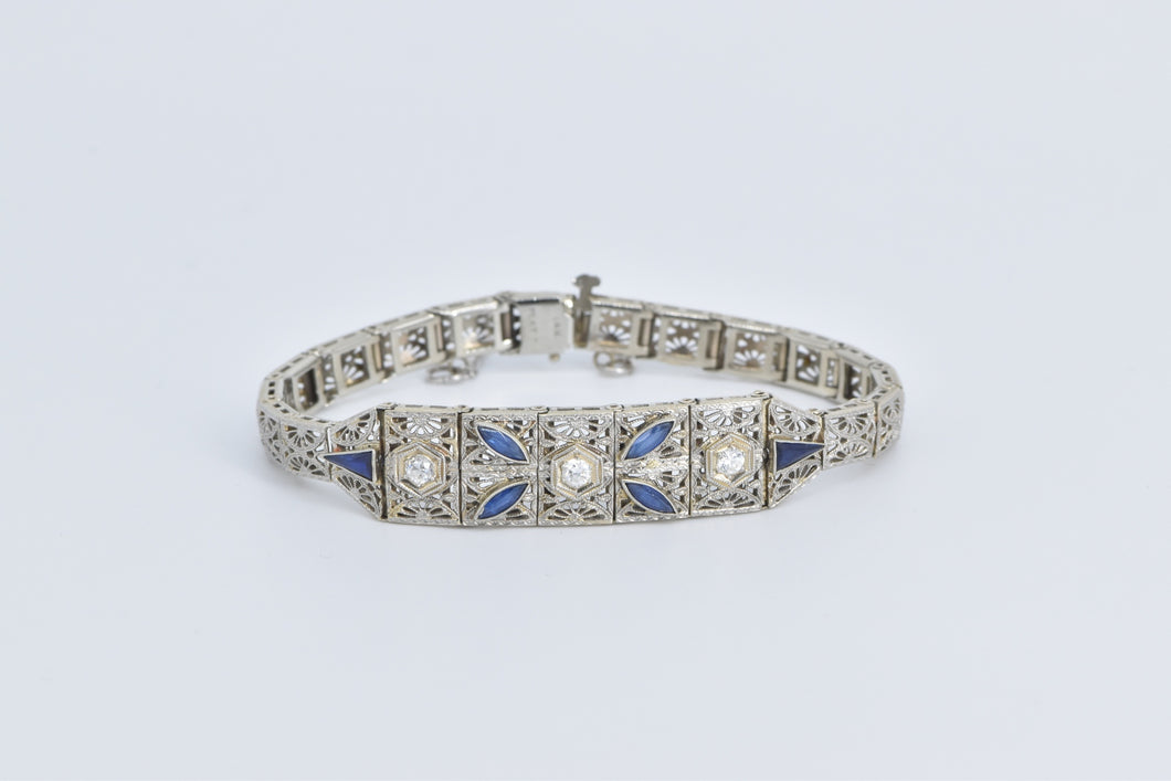 14K 1.30Ctw OEC Nat Diamond Syn Sapphire Filigree Bracelet 6.5