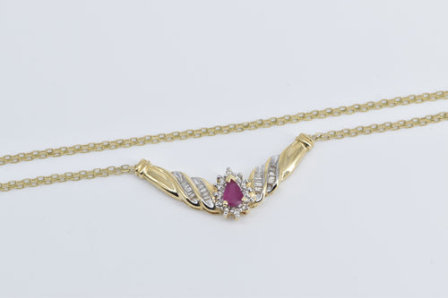 10K 0.89 Ctw Pear Ruby Diamond Halo Chevron Necklace 17