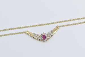 10K 0.89 Ctw Pear Ruby Diamond Halo Chevron Necklace 17" Yellow Gold