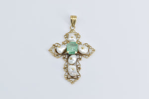 18K 3.47 Ct Natural Emerald Pearl Victorian Cross Pendant Yellow Gold