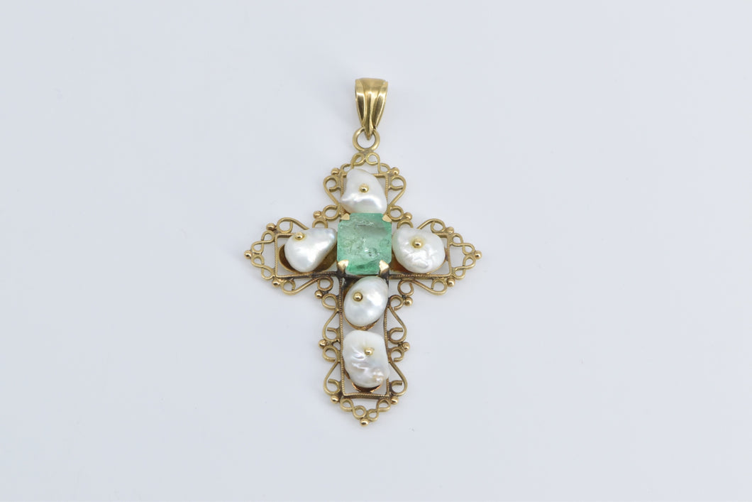 18K 3.47 Ct Natural Emerald Pearl Victorian Cross Pendant Yellow Gold