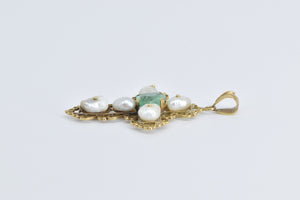 18K 3.47 Ct Natural Emerald Pearl Victorian Cross Pendant Yellow Gold