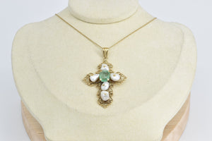 18K 3.47 Ct Natural Emerald Pearl Victorian Cross Pendant Yellow Gold