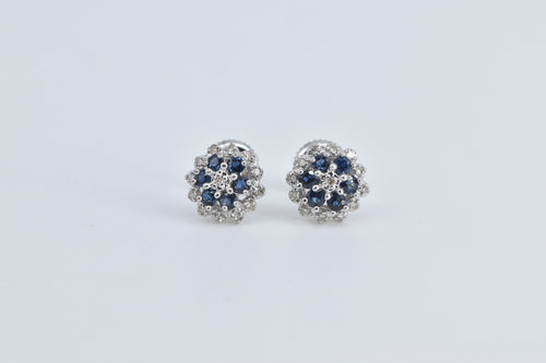 14K Diamond Sapphire Flower Halo Cluster Stud Earrings White Gold