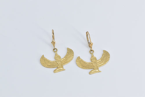 14K Egyptian Isis Goddess Dangle Lever Back Earrings Yellow Gold
