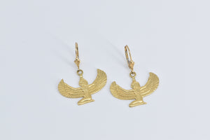 14K Egyptian Isis Goddess Dangle Lever Back Earrings Yellow Gold