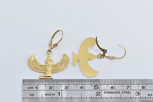 14K Egyptian Isis Goddess Dangle Lever Back Earrings Yellow Gold