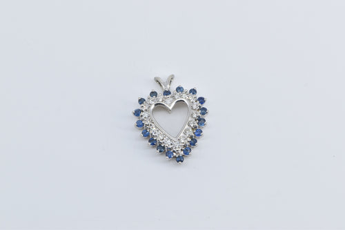 14K Natural Diamond Sapphire Heart Love Vintage Pendant White Gold