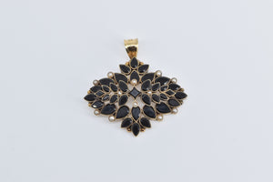14K Victorian Black Onyx Seed Pearl Statement Pendant Yellow Gold