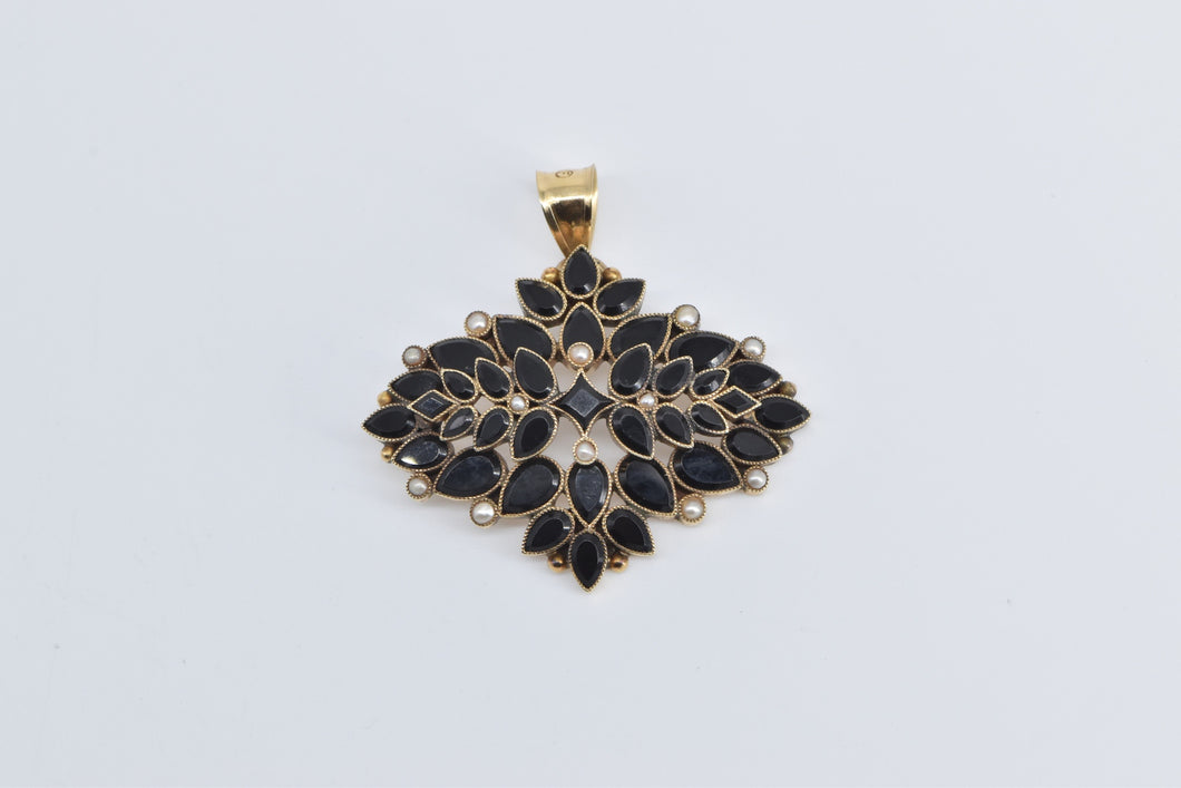 14K Victorian Black Onyx Seed Pearl Statement Pendant Yellow Gold