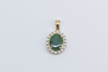 Load image into Gallery viewer, 14K Oval Green Agate Seed Pearl Halo Statement Pendant Yellow Gold