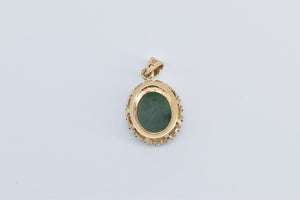 14K Oval Green Agate Seed Pearl Halo Statement Pendant Yellow Gold