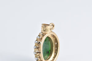14K Oval Green Agate Seed Pearl Halo Statement Pendant Yellow Gold