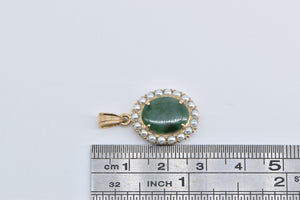 14K Oval Green Agate Seed Pearl Halo Statement Pendant Yellow Gold