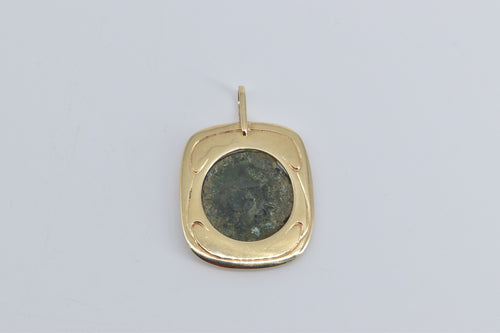 14K Ancient Coin Ornate Squared Statement Pendant Yellow Gold