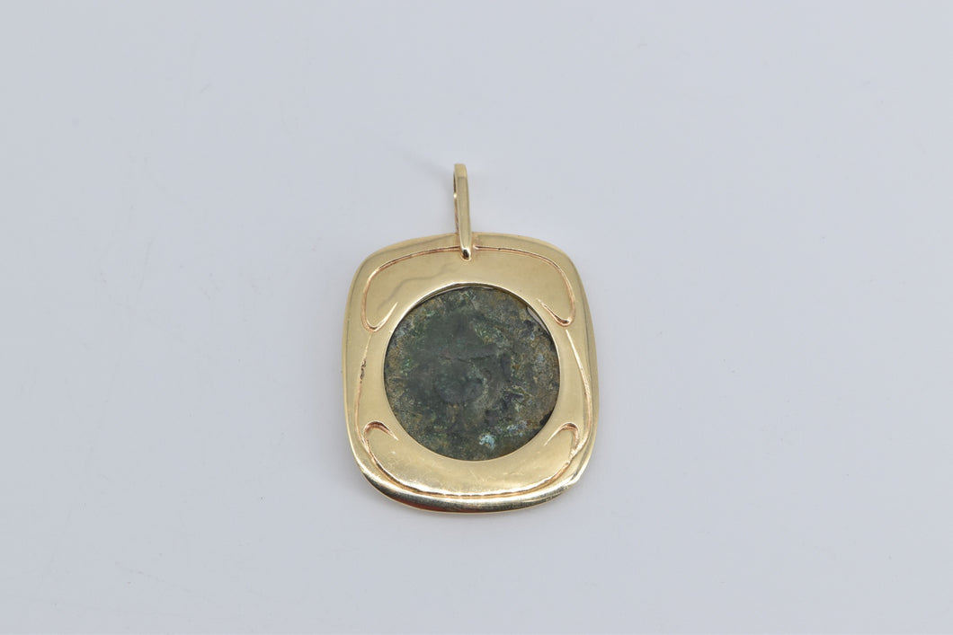 14K Ancient Coin Ornate Squared Statement Pendant Yellow Gold