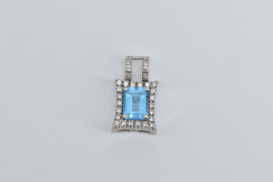 10K Emerald Cut Blue Topaz Diamond Halo Squared Pendant White Gold