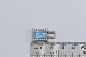 10K Emerald Cut Blue Topaz Diamond Halo Squared Pendant White Gold