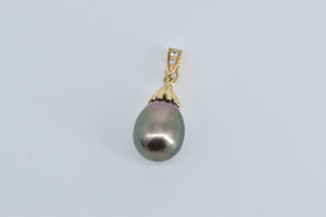 14K Black Pearl Drop Diamond Accent Enhancer Pendant Yellow Gold