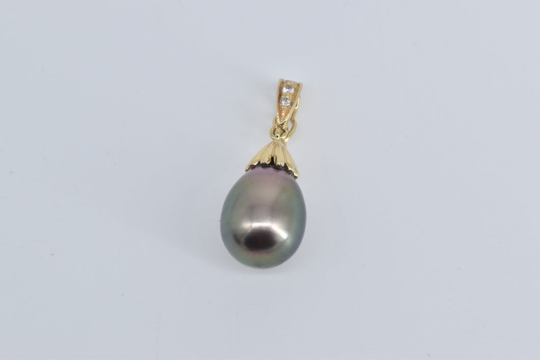 14K Black Pearl Drop Diamond Accent Enhancer Pendant Yellow Gold